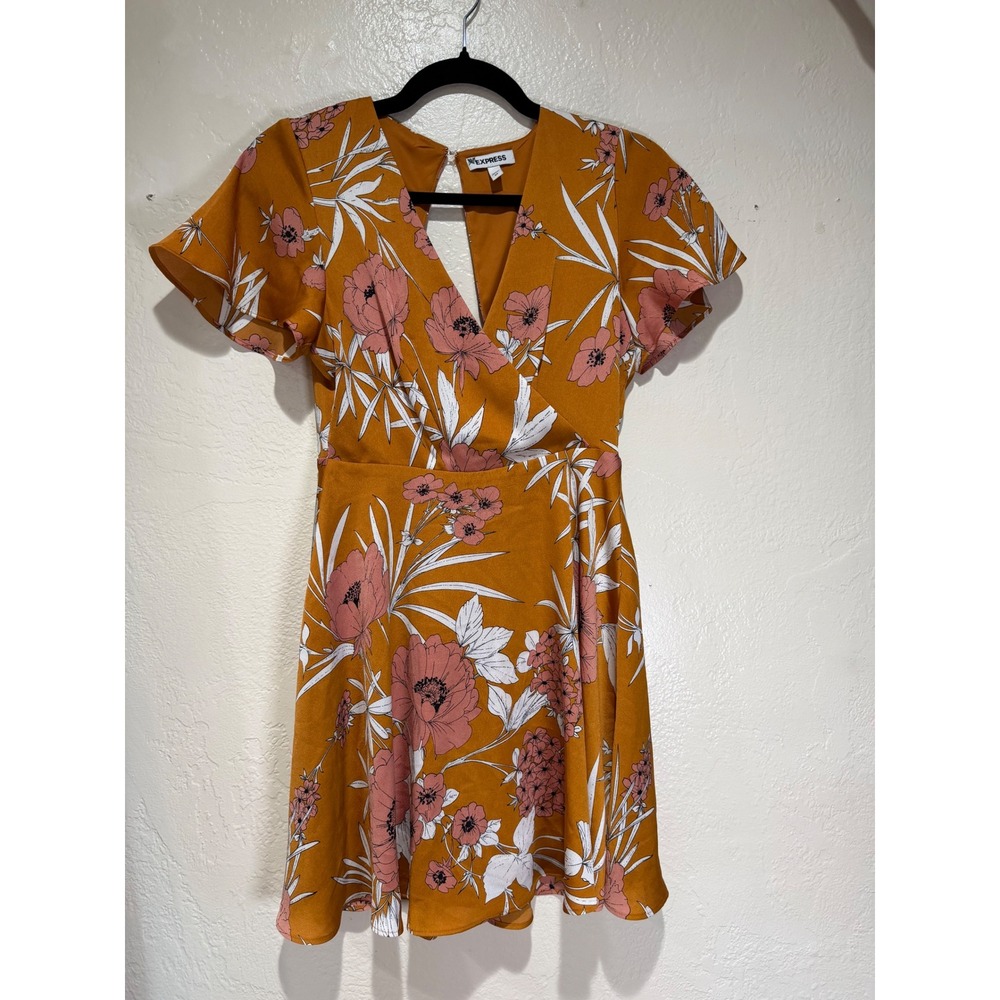 Express‎ Womens Mustard Yellow Floral Flutter Sleeve V-Neck Mini Dress Size 00